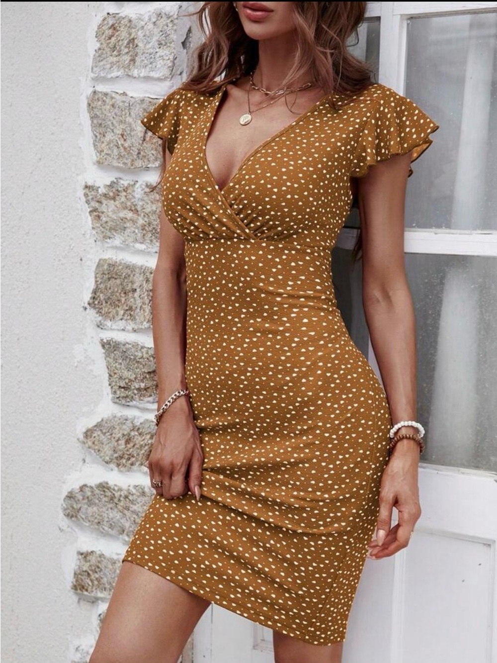 SHEIN Mustard with White Dot Wrap-Style Mini Dress